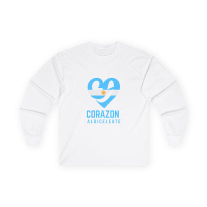 Corazón Albiceleste Heart Long Sleeve Tee — Argentina Soccer Fan Shirt