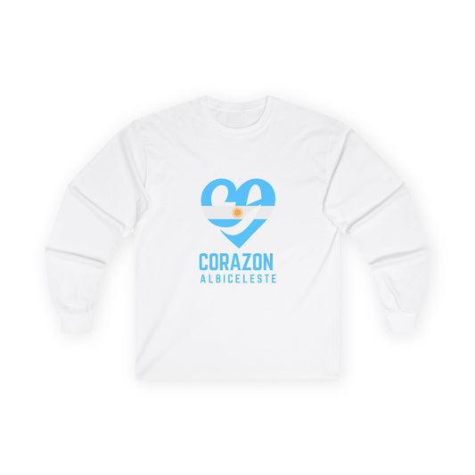 Corazón Albiceleste Heart Long Sleeve Tee — Argentina Soccer Fan Shirt