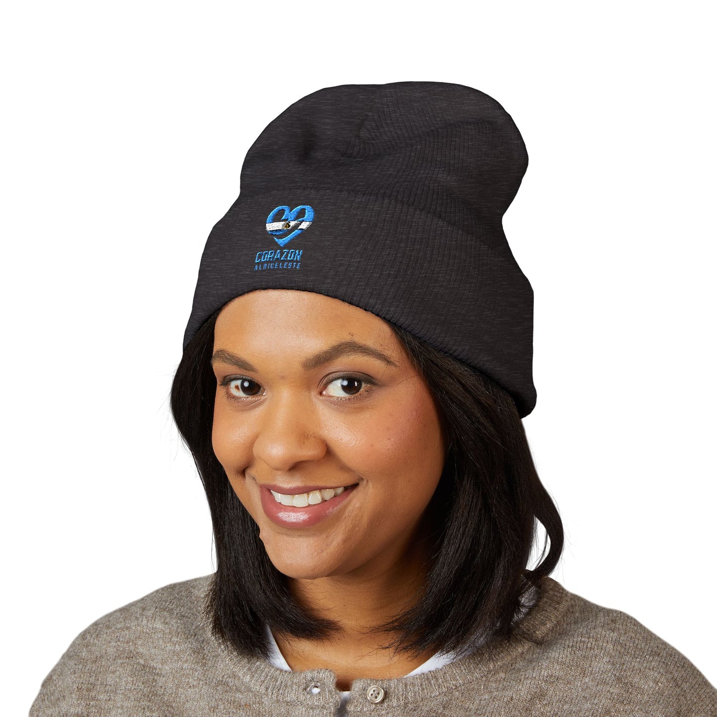 Embroidered Heartbeat Beanie — 'Corazón y Amistad' Cuffed Knit Hat