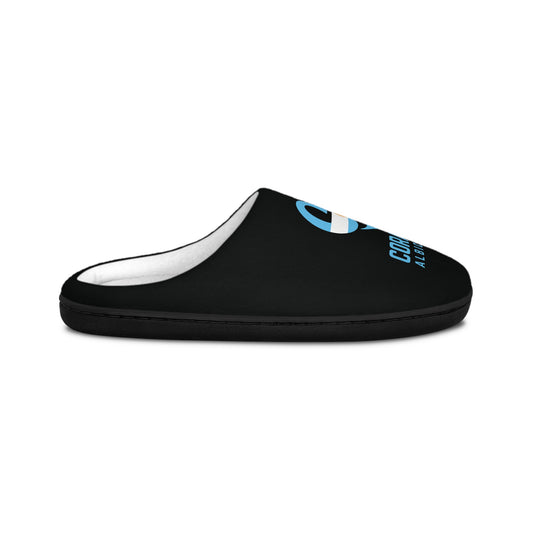Men's Indoor Slippers — White Cozy House Slippers with Blue Corazon Albergeste Logo