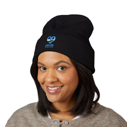 Embroidered Heartbeat Beanie — 'Corazón y Amistad' Cuffed Knit Hat