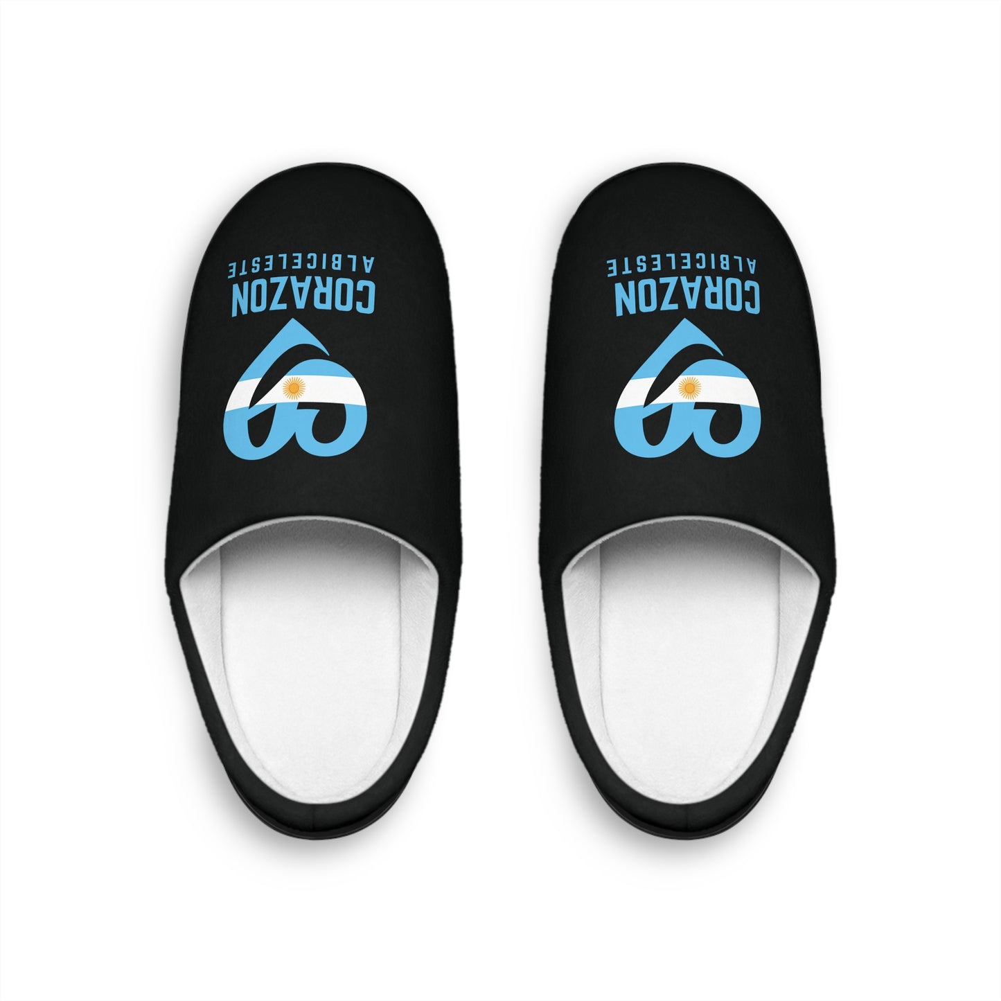 Men's Indoor Slippers — White Cozy House Slippers with Blue Corazon Albergeste Logo